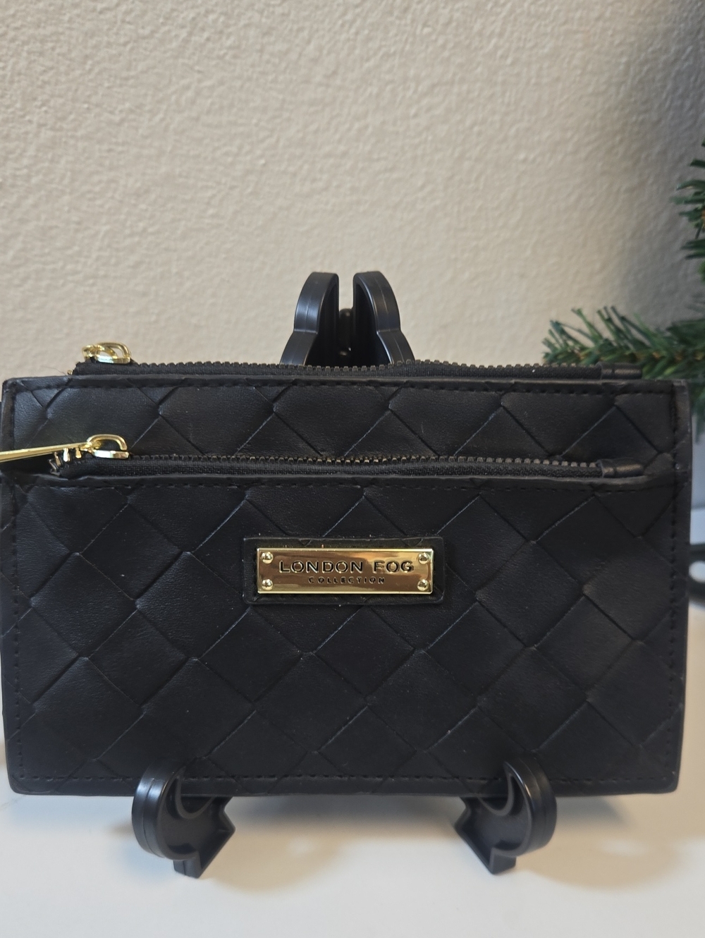 London Fog Black Quilted Zip Card Wallet with Gold Plate